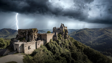 Thunderstorm with lightning over Aggstein castle. Wachau, Austria.