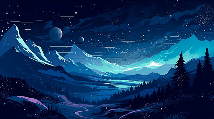 Night forest landscape with moon and starry sky