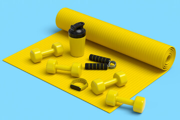 Isometric view of sport equipment like water battle, dumbbell and yoga mat