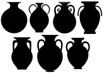 Set of black silhouettes of jugs on a white background