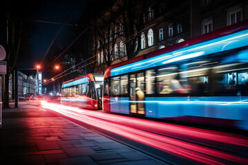 Fototapeta na wymiar Tram at night in the street, European City, Germany, France, Poland, United Kingdom, Vienna, Munich