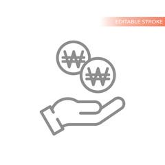 Money Korean won coin and hand icon. Simple South Korea currency line vector symbol.