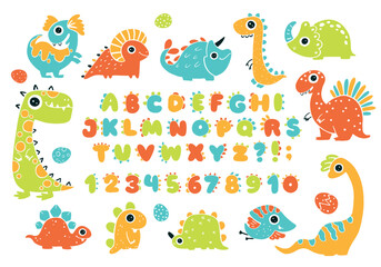 Fototapeta premium Dino collection with alphabet and numbers. Funny comic font in simple hand-drawn cartoon style. Various dinosaur characters. Colorful isolated doodles on a white background.