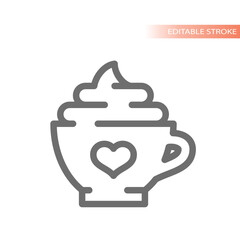 Foam coffee cup with heart line vector icon. Mocha mug outline.