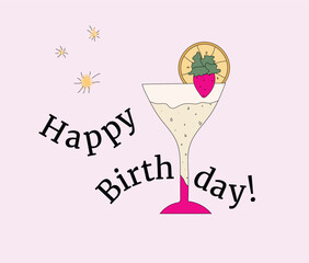 Birthday Card with Sparkles and Birthday Cocktail, Premium Vector