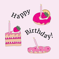 Birthday Greeting Card with Text and Hand Drawn Sweets Illustrations, Premium Vector
