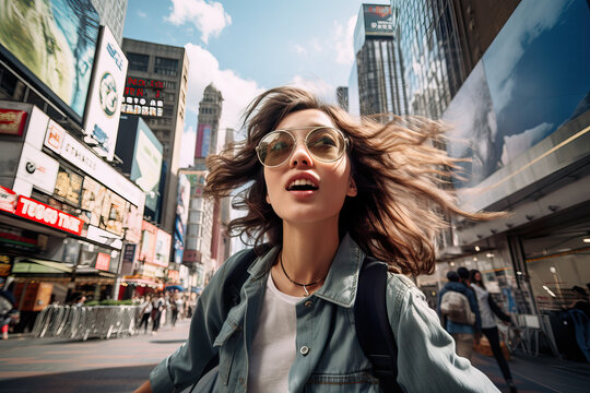 Energetic Tourist Exploring Cosmopolitan City Streets. Generative AI.