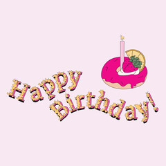 Sparkling Birthday Lettering and Pink Donut with Candle Premium Vector