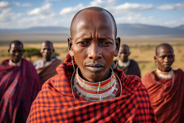 A dramatic portrait of a Maasai man with beaded accessories and traditional clothing - obrazy, fototapety, plakaty