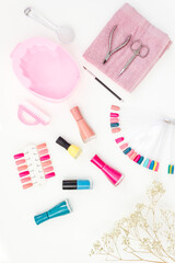Set of cosmetic tools for manicure and pedicure with trend colors gel varnishes