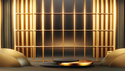 Gold empty podium floating in the air in dark scene with wall of line vertical gold neon lamps around vector illustration.

