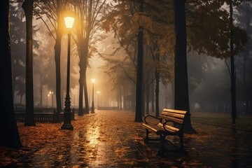 Fototapeta premium Night alley in autumn city park with benches and light lanterns, wet after rain