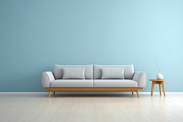 canapé gris dans une pièce vide avec un mur bleu, arrière plan décoratif, illustration ia générative - obrazy, fototapety, plakaty