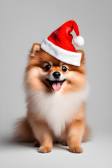 dog red pomeranian in a santa hat on a gray background