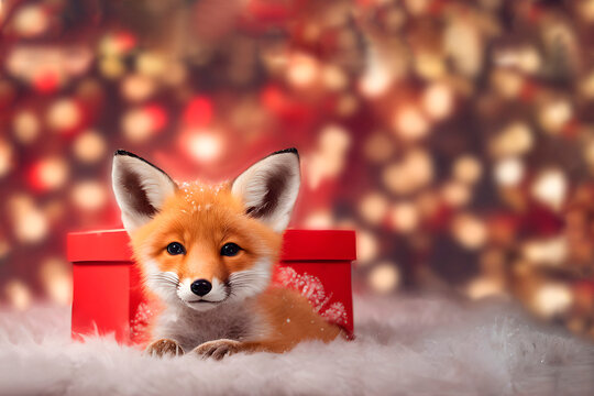 little fox in a gift box on a christmas background with bokeh