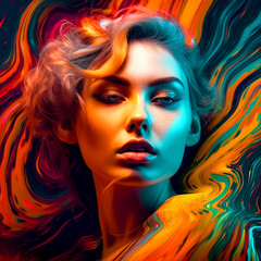 A beautiful woman posing for the camera on an abstract colorful background