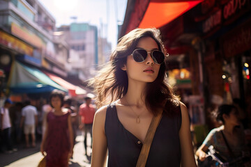 Naklejka premium Curious Tourist Exploring Vibrant Streets of Bangkok. Generative Ai.