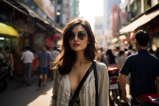 Curious Tourist Exploring Vibrant Streets of Bangkok. Generative Ai.
