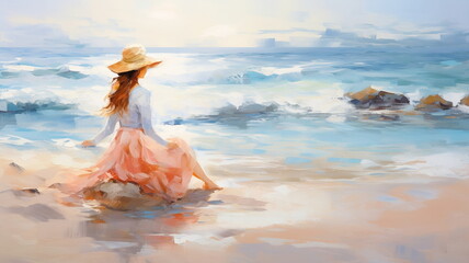 Fototapeta na wymiar woman on beach at sea impressionism painting 