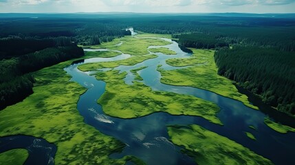 Green River in Brda, Poland. Aerial View of Amazing Blooming Algae on Wild River in Lush Forest Landscape: Generative AI - obrazy, fototapety, plakaty