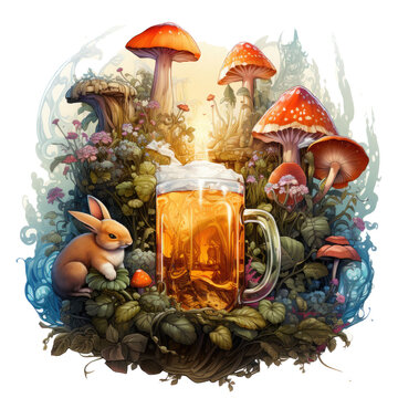 A whimsical mug of beer T-shirt Design, with the beer mug transformed into a whimsical creature, Generative Ai