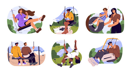 Happy people swinging, relaxing in nature set. Carefree excited men, women, kid enjoying outdoors on summer holiday. Fun, freedom concept. Flat vector illustrations isolated on white background