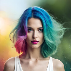 Beauty Fashion Model Girl with Colorful Hair. Girl with perfect Makeup and Hairstyle. Model with perfect Healthy Hair. Generative AI