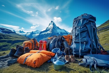 With the blue sky and majestic natural mountains in the background, the outdoor concept is suitable for holidays and sports, with accessories, equipment, and camping equipment necessary for summer hik - obrazy, fototapety, plakaty