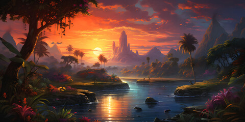 Tropical sunset illustration, evening in jungle