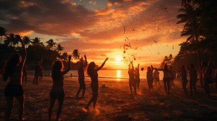 A group of people sitting on a morocco beach in marrakech with some surfboards in the sand. ultra realistic, hyper detailed. Sunset on the very right. warm colors