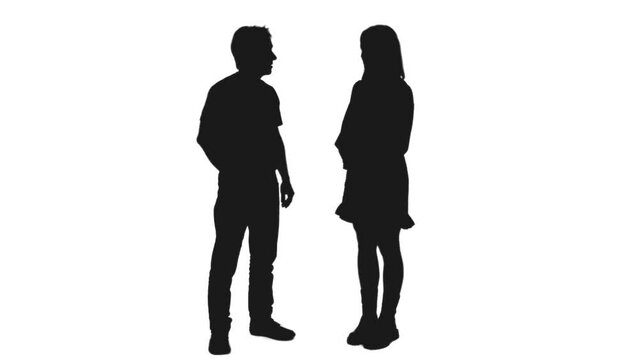 Black and white silhouette of young female in short dress standing and chatting with mid adult man, Full HD footage with alpha transparency channel isolated on white background
