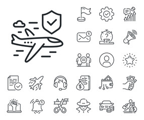 Risk coverage sign. Salaryman, gender equality and alert bell outline icons. Flight insurance hand line icon. Travel protection symbol. Flight insurance line sign. Vector