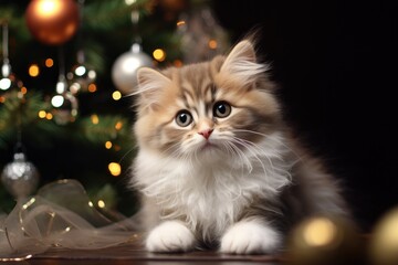 Naklejka na ściany i meble cute cat near Christmas tree, AI Generated