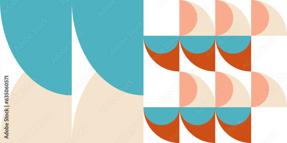 Poster Geometric abstract vector seamless pattern with circles, rectangles and squares in retro Bauhaus style. Pastel colored simple shapes graphic background.