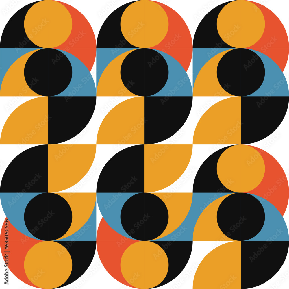 Leinwandbilder Geometric abstract vector seamless pattern with circles, rectangles and squares in retro Bauhaus style. Pastel colored simple shapes graphic background.