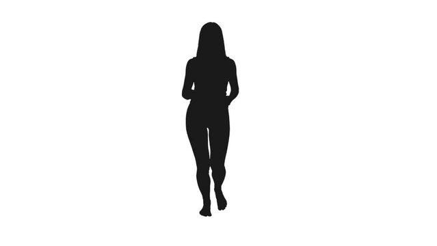 Black and white silhouette of young fit woman jogging barefoot, Front view, Full HD footage with alpha transparency channel isolated on white background
