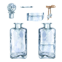 Beautiful watercolor vintage  bottle for perfume and elixirs in fantasy games, in the alchemy laboratory, for magic potions.