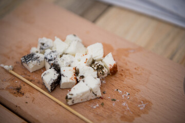 Hard Cheese Festival. Cheese in the market. Homemade cheese. Craft cheese. Milk product. Cheese tasting.