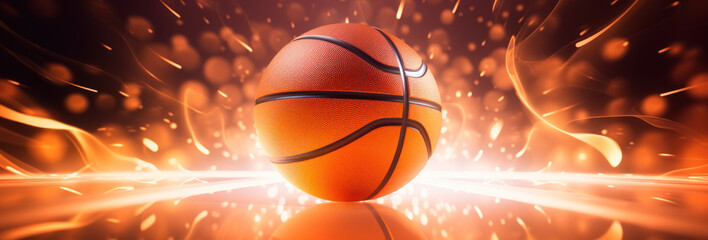 Basketball ball and light streaks. Dynamic sports symbolism, power, and speed in play, creating a...