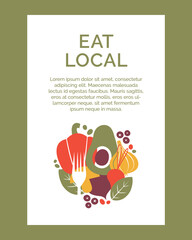 Eat local. Banner template with organic, healthy, vegan food. Support local farmers, farms concept. Flat cartoon vector clip arts with vegetables, veggies, fork, avocado, paprika, garlic, blueberry.