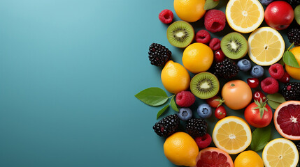 Naklejka na ściany i meble Collection of mixed fruits overhead view flat lay. background with fruits. fruits background. fruit