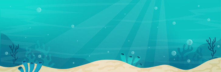 Fond marin - Arrière-plan - Bannière vectorielle éditable - Monde marin - Illustrations autour de l'océan, de la mer  - Vagues et bulles - Eau, sable et vie marine - Bleu © Manon