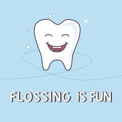 Flossing is fun, happy face tooth with the floss and bubbles. Banner or poster vector illustration. Dentistry.