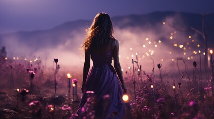 A wild flowers field, night, stars, horror, fog, mist, nostalgic, back view of a woman in long black dress, brown hair, standing toward à strange light, - obrazy, fototapety, plakaty