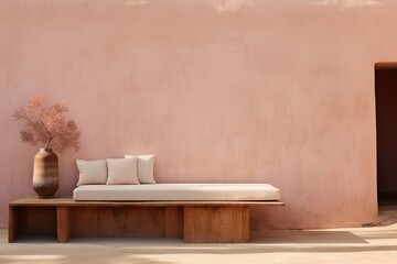 A minimalistic bench with plush pillows and a vibrant houseplant in a vase is the perfect way to add style and comfort to any interior space