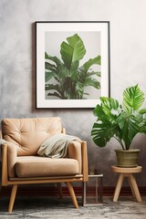 A minimalist interior design featuring a cozy couch, an armchair with a bright houseplant perched atop, and a vibrant painting on the wall, creates a serene atmosphere perfec enjoying the beauty