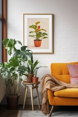 This minimalist interior design showcases a vibrant houseplant, perched atop a loveseat and resting against a wall, radiating a feeling of serenity and warmth throughout the room