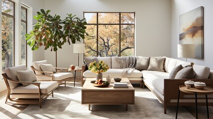 A minimalistic living room design, complete with a cozy couch, loveseat, armrests, cushions, pillows, houseplants, and a large window inviting in natural light, creates a peaceful inviting atmosphere