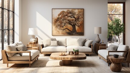 A minimal yet inviting living room featuring a striking wall painting, comfortable furniture, and inviting accessories is the perfect place to relax and appreciate the beauty of your home