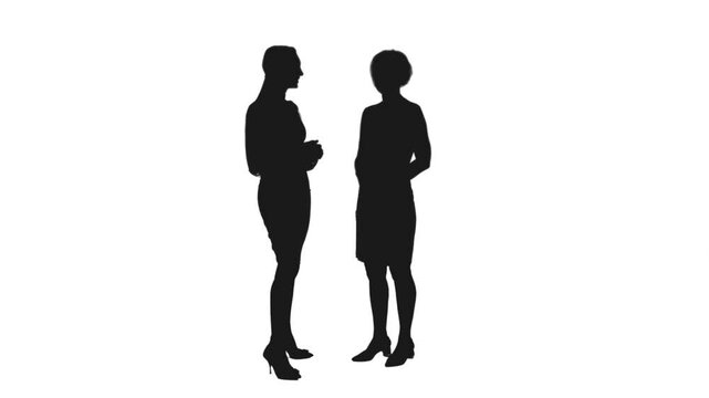 Black and white silhouette of two elegant women in dresses meeting and chatting, Full HD footage with alpha transparency channel isolated on white background